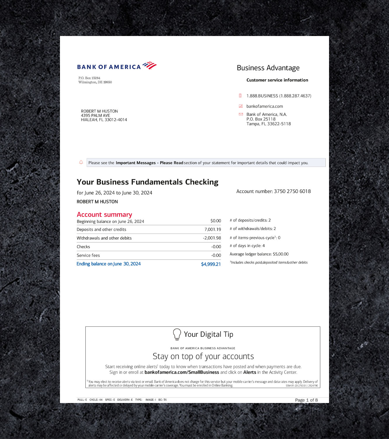 Bank of America Statement PDF Template - 2024