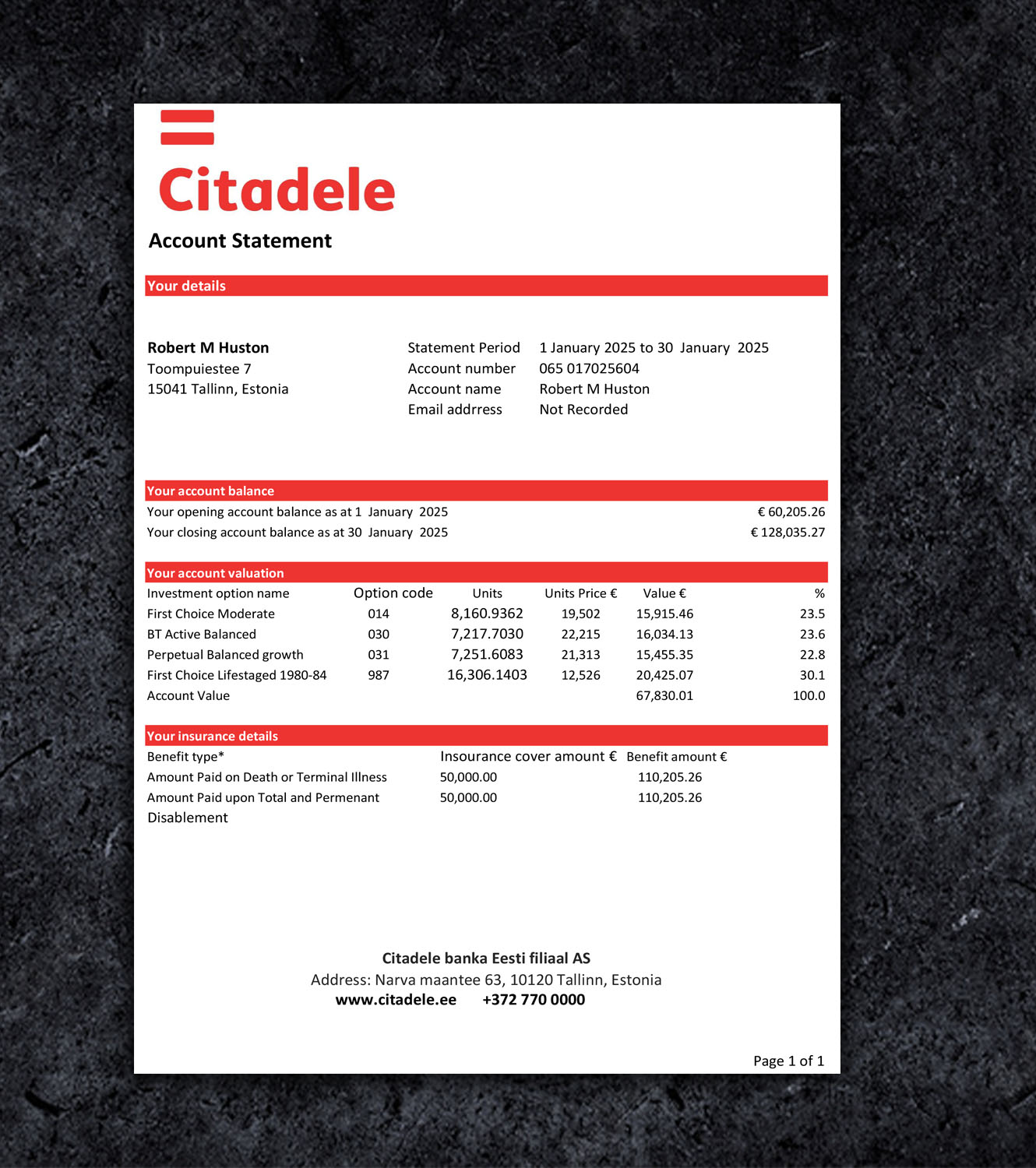 Citadele Estonia Statement PDF Template - 2024