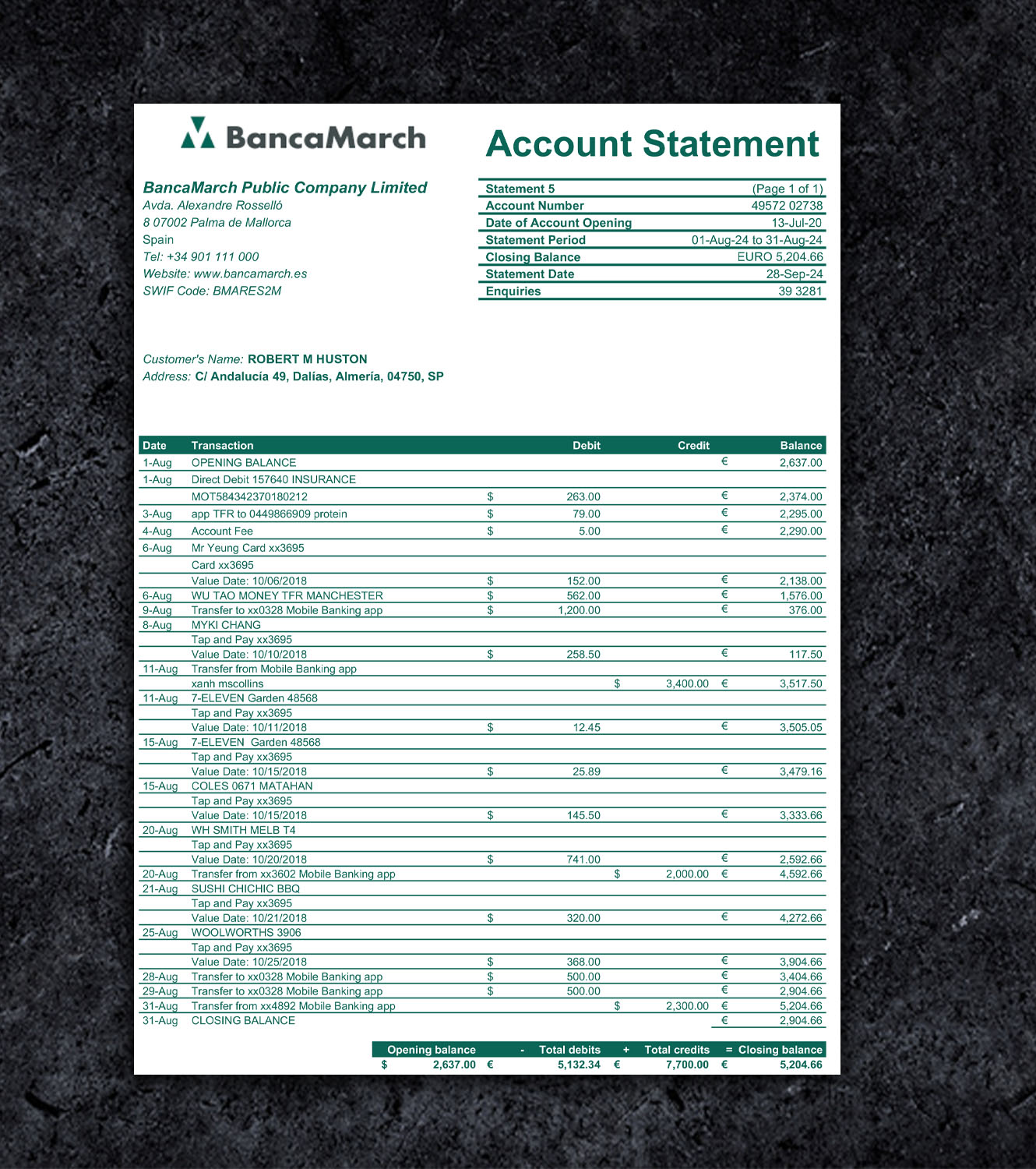 Spain Banca March Statement PDF Template - 2024