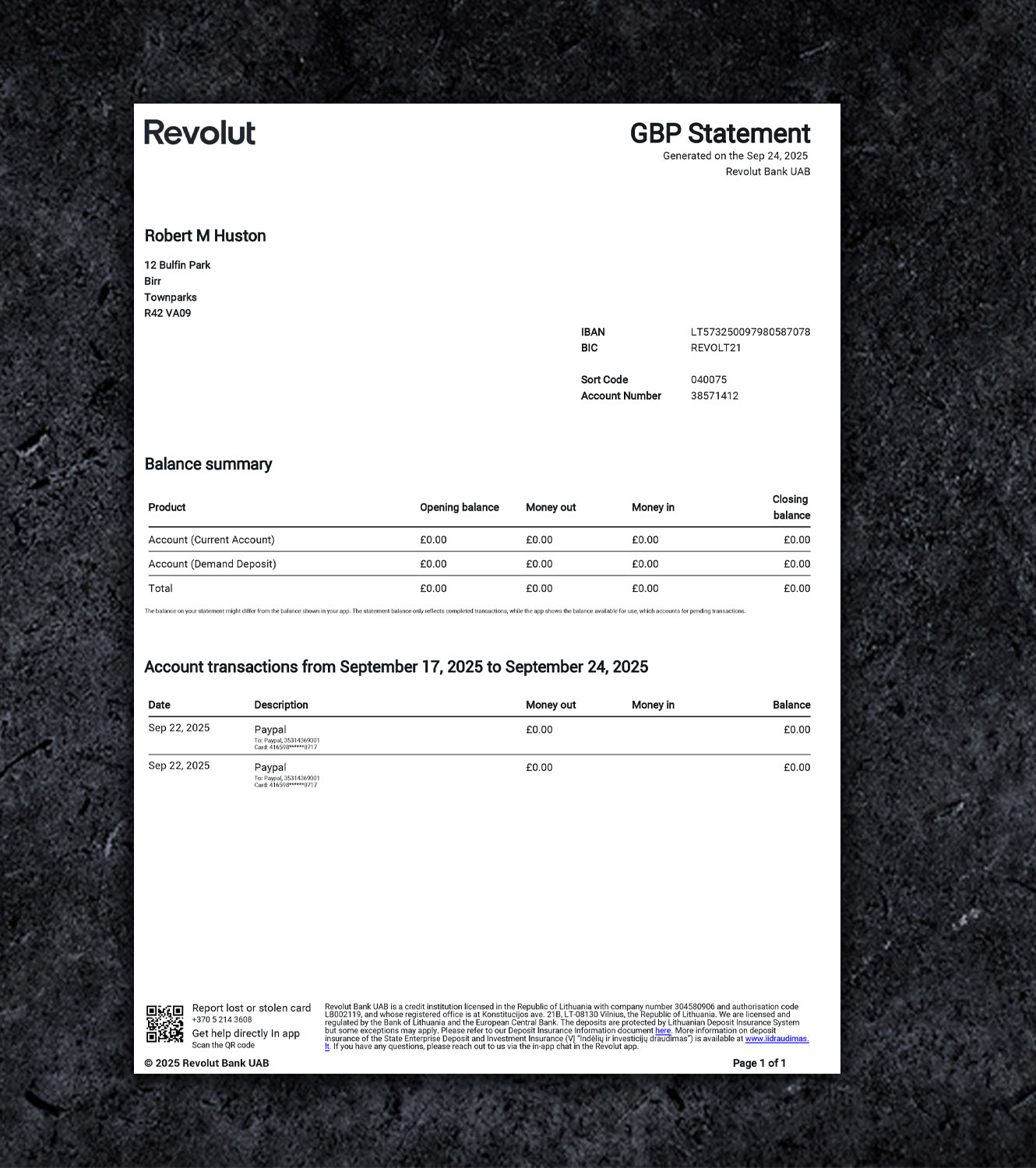Revolut United Kingdom UK Statement PDF Template - 2025