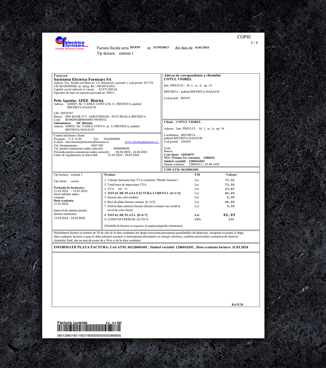 Electrica Romania Utility Bill PDF Template - 2024