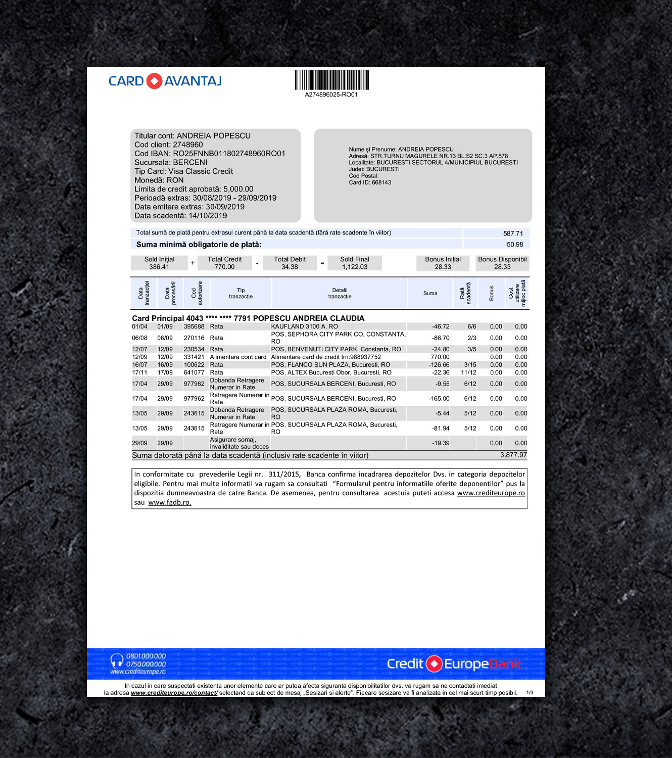 Romania Avantaj Statement PDF Template - 2024