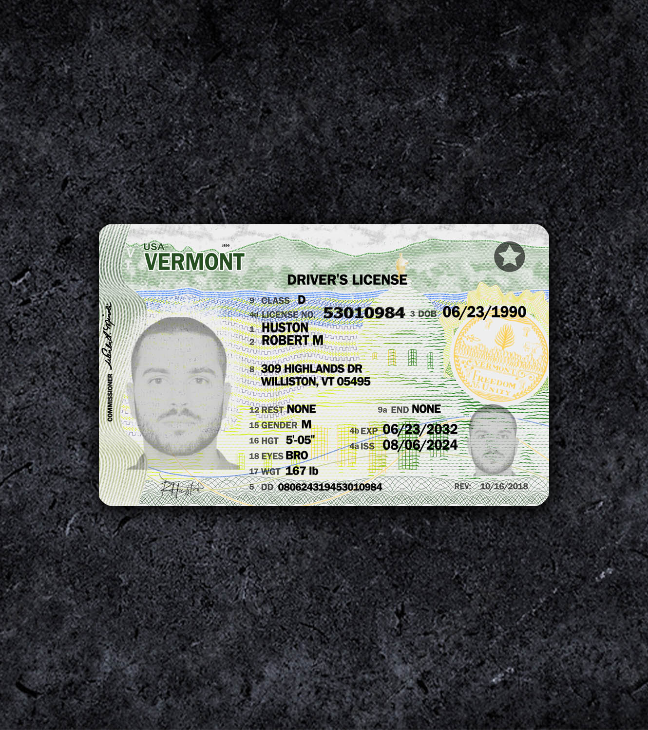 Vermont VT Driver License PSD Template - 2018